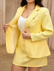 Flirla Conjunto de 2 Peças Plus Size: Elegante Blazer de Tweed de Manga Longa Ajustado + Conjunto de Saia Mini Chique e da Moda, Casual Executivo