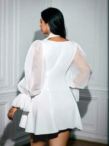 Viva Relle Damen Große Größen Einfarbiges Quadratausschnitt Mesh Langarm Elegantes Modekleid - Weiss - Übersicht 3