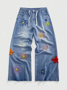 ROMWE MEN Casual Men's Embroidered Pattern Loose Baggy Jeans - Blue - View 1