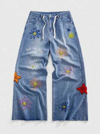 Casual Jeans larghi e comodi da uomo con motivo ricamato