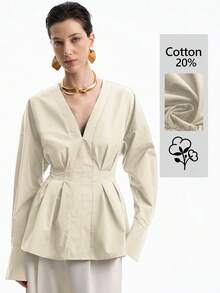 Aalyst Women's Elegant Shirred Blouse With Pleated Front And Back, Long Sleeve Shirt For Office, Commute, Vacation, Casual Wear, Spring/Autumn/Winter - Apricot - View 5