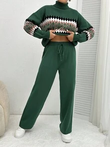 EURMUSE Women's Geometric Pattern High Neck Sweater 2pcs/Set - Multicolor - View 5