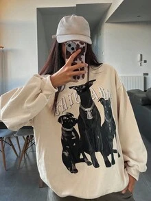 Livesso 女式宽松图案印花街头休闲运动衫 - 灰色 - 查看 6