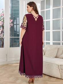 Lacomfia Váy ren trơn tay ngắn cỡ lớn phong cách Ả Rập - Đỏ - Xem 2