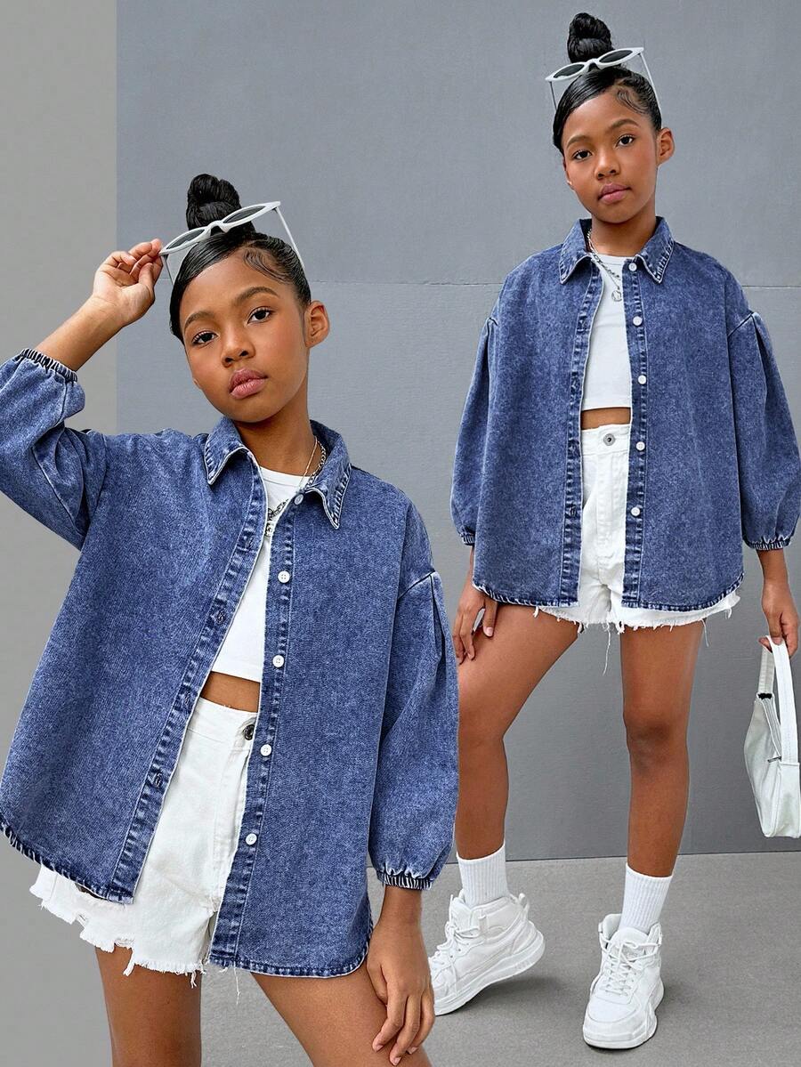 SHEIN Tween Girl Y2K Casual Stonewashed Drop Shoulder Baggy Soft Denim Shirt,Tween Girl Back To School Clothes Outfits - Dark Wash - View 1