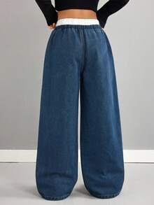 Tween Girls Fall/Winter Y2k 90s Comfortable Simple Loose Fit Wide-Leg Jeans With Contrast Color Trim,Mid-Waist,Double Waist,Casual And Versatile For Girls Fall/Winter Dailywear Costume And Streetwear Outfits,For Girls Halloween And Christmas Costume,Girls Winter Jeans,Winter Clothes,Teen Baggy Jeans - Medium Wash - View 2