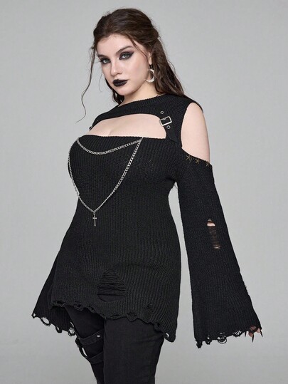 Goth Suéter negro rasgado con doble cadena de estilo gótico para talla grande, suéter de mujer de estilo gótico retro desgastado de moda para otoño/invierno de talla grande, parte superior de suéter de mujer de talla grande, suéter negro de estilo gótico punk de fiesta, noche y calle para mujer de talla grande
