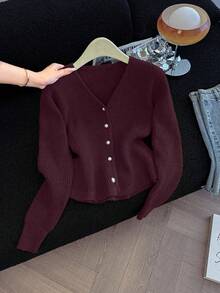 GlowEve Cárdigan de mujer de unicolor de manga larga con un solo botonadura y dobladillo con volantes, para otoño/invierno - Burdeos - Ver 5