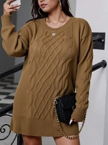Easura Plus Cable Knit Sweater Dress, For Winter Fall Cloth For Women - Khaki - View 6