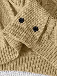 SHEIN 1 件男童复古风格开衫，绞花针织双排扣经典条纹 V 领，常规袖，整齐下摆，浅灰色经典针织毛衣，百搭休闲夹克，做工精良，适合春秋季 - 卡其色 - 查看 3