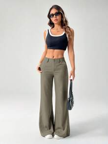 SHEIN PETITE 新款秋冬低腰休闲个性西装裤 - 軍綠色 - 查看 4