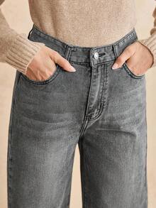 Écloséra 女款寬鬆休閒牛仔褲，帶側口袋與寬腿設計 - 淺灰色 - 查看 3