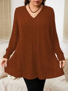 EMERY ROSE Plus Size Casual Solid Color Side Slit Long Sleeve T-Shirt, Autumn
