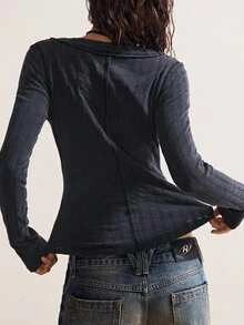 Bohemela 女式休闲纯色修身水洗针织长袖T恤 - 黑色 - 查看 5