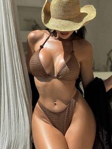 SHEIN Swim Summer Beach Halter Triangle Bra & Swim Bottom Bikini Set Bathing Suit - Coffee Brown - View 3