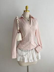 Elamini 1 Áo cánh nữ cổ chữ V xếp ly ôm vừa vặn, gợi cảm & đa năng, tay dài, mùa thu - Hồng - Xem 6