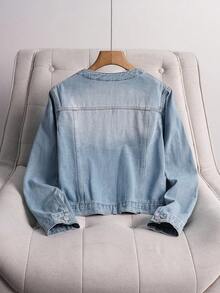 EMERY ROSE Women's Autumn Faux Pearl Decor Single-Breasted Casual Denim Jacket Pearl Embellished Denim Jacket Jean Jacket With Pearl Collar Light Wash Denim Jacket Women Denim Jacket Cropped Denim Jacket Jean Jacket For Women Denim Jacket For Women Women Light Wash Denim Jacket Women Jean Jacket Long Sleeve Denim Jacket Beaded Denim Jacket - Light Wash - View 2