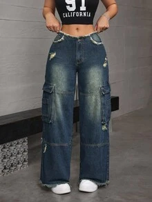 SHEIN ICON 女式宽腿宽松破洞工装口袋牛仔裤 - 藍色 - 查看 3