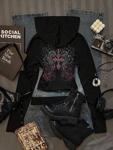 Attitoon 休闲复古哥特朋克Y2K风格交叉翅膀卷轴巴洛克定位印花图案女式修身连帽T恤，适合秋季穿着，百搭，机场、音乐节皆宜 - 黑色 - 查看 3