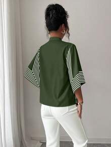 Elenzga 中式领数字几何线条印花图案，不对称袖法式优雅衬衫，适合春夏度假 - 軍綠色 - 查看 2