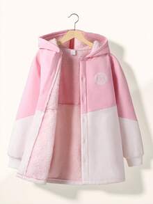 SHEIN Explorewe 少女连帽加厚绒复古印花中长款保暖外套，适合假日、夏季、旅行，2025返校季、大学校园运动服、冬季外套、抓绒外套、连帽外套、保暖冬装外套，秋季必备 - 彩色 - 查看 9