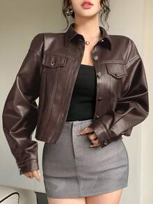 DAZY Women's Short Jacket With Large Pockets, Casual Business Office Wear, Long Sleeve PU Windbreaker, Autumn/Winter Y2k Leather Jacket - Brown - View 2