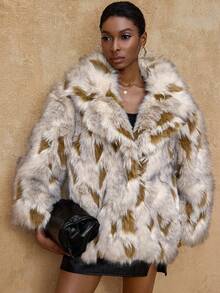 Lumalex VITNOS Women's Faux Fur Leopard Print Coat,White Animal Print,Winter,Elegent,Party Night Fashionable Commuting Contrast Color Jacket, Outerwear - Brown - View 6
