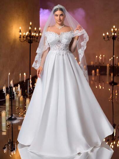 Aureia Vestido largo de manga larga transparente con hombros descubiertos, elegante y lujoso, de talla grande, en beige, con bordados de encaje, parches de malla y satén, bajo de sirena, adecuado para bodas, fiestas, vacaciones, Día de San Valentín