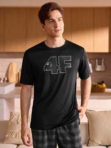 男士舒适休闲短袖睡衣上衣 - 黑色 - 查看 3