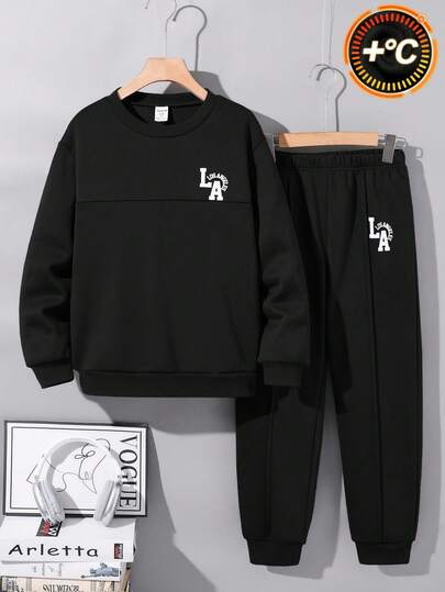 2pcs Kids/Tween Boys Casual Letter Graphic Print Crew Neck Sweatshirt And Relaxed Fit Jogger Pants Set, Suitable For School, Garden, Beach, Birthday, Spring/Summer/Autumn/Winter