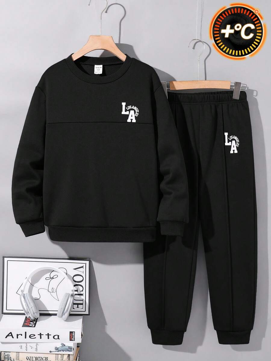 2 件儿童/青少年男童休闲字母图案印花圆领运动衫和宽松慢跑裤套装，适合学校、花园、海滩、生日、春夏秋冬