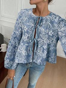 Serisse 女士度假花卉提花系带灯笼袖衬衫 - 霧霾藍 - 查看 4