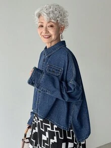 FRIFUL Women's Autumn Dropped Shoulder Long Sleeve Single-Breasted Pocket Casual Loose Denim Jacket Denim Jumper Blue Graphic Shirt Oversized Jean Jacket Cropped Denim Jacket Plus Size Denim Jackets