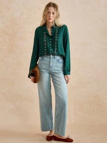 Écloséra French Style Daily Elegant Commuting Bottom Versatile Frill Edge Stand Collar Embroidered Dark Green Women's Autumn And Winter Tops Shirt Women's Shirt Women's Shirt Long Sleeve Top Women's Elegant Shirt Women's Casual Shirt, Christmas