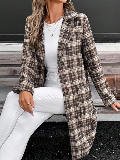SHEIN Vintage British Style Khaki Plaid Patchwork Lapel Loose Elegant Women Jacket, Autumn/Winter