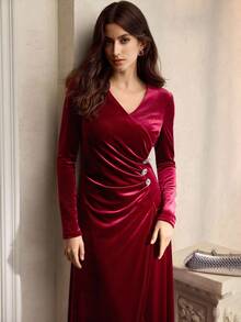 ZEYLAH 女士优雅装饰中长连衣裙 - 酒紅色 - 查看 6