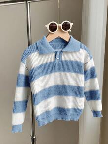 SHEIN 1 pezzo Maglione polo a righe morbido e comodo, casual, alla moda, semplice e pratico, adatto per ragazzi, ideale per feste di compleanno, feste, spettacoli, outfit per bambini, abbigliamento per ragazzi, adatto per la scuola, adatto per i viaggi, adatto per lo sport, adatto per l'autunno e l'inverno