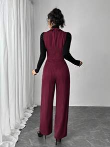 Selianne Bộ đồ liền thân ống rộng cạp cao ôm sát có khóa kéo ve kẻ sọc dành cho nữ có túi - Màu Đỏ Sâu - Xem 2