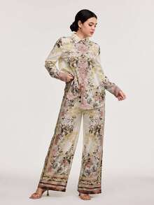 Veilorie 2pcs Women's Front Button Up Long Sleeve All-Over Print Top And Pants Set 2 Pieces Set - Apricot - View 4