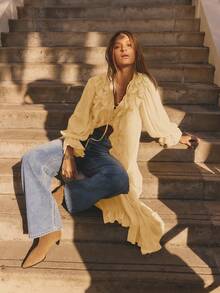 Aralina 冬季长袖荷叶边前开襟长款波西米亚风开衫连衣裙 - 鵝黃色 - 查看 5