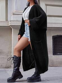 EURMUSE Plus Batwing Sleeve Open Front Cardigan, For Winter - Black - View 4