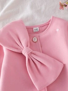 SHEIN 女童可爱大蝴蝶结喇叭袖纯色夹克，秋冬百搭羊毛大衣 - 粉色 - 查看 6
