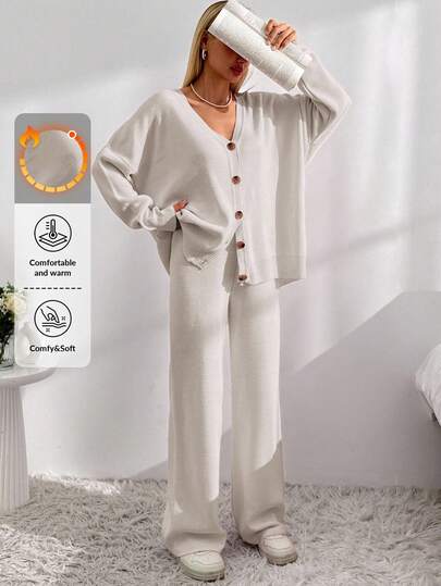 SHEIN Strickjacke und Strickhose mit Bindeband vorne, Drop-Shoulder