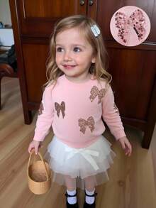 Souflis Souflis Young Girls' New Sparkly Sweaters - Stylish With Sequin Bows, Long-Sleeve, Loose & Versatile, Cute Knit Pullovers,Suitable For Autumn/Winter Fall - Pink - View 4