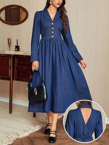 Vintamour Women's Fashion Casual Turndown Collar Waist Denim Dress Denim Dress With Buttons Blue Denim Dress Collared Denim Dress Denim Midi Dress Long Sleeve Denim Dress Fall Clothes For Women Fall Outfits For Womenelegant Dresses For Women Prom Dress Party Dresses For Women Dresses For Women Party Formal Dresses Going Out Dress Christmas Dress