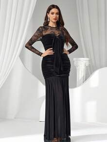 Coutiva Women's Contrast Lace Long Sleeve Twist Front Ruched Fitted Elegant Evening Gown,Sequin And Pearl Cuff Design,Formal Party Dress For Wedding Guest - Black - View 8