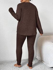 SHEIN Frenchy Plus Size Women's Solid Color Round Neck Drop Shoulder Long Sleeve Ribbed T-Shirt And Pants Casual 2-Piece Set/Winter Brown Set Women Two Piece Set Women Comfy Comfortable Two Piece Set