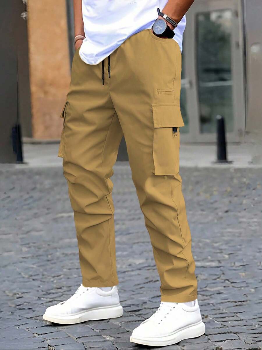 Manfinity Homme MenStreetwear Casual Solid Color Cargo Pants, Fall - Khaki - View 1