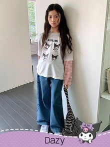 DAZY HELLO KITTY AND FRIENDS | SHEIN 少女卡通图案圆领长袖针织T恤 - 彩色 - 查看 2