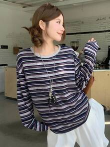Dazy-Less Autumn New Casual Commuting Striped Women T-Shirt Long Sleeve Top - Blue - View 4